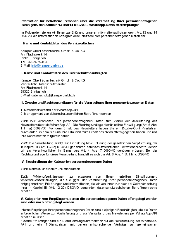 DSGVO Informationspflichten WhatsApp-Newsletter